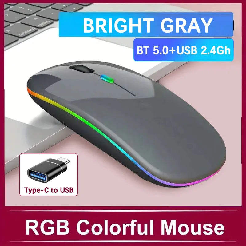 Wireless Rechargeable Mouse With LED Backlight  Bluetooth With Type-C Adapter Gaming Mouse Suitable For MAC/Laptop/PC/Windows