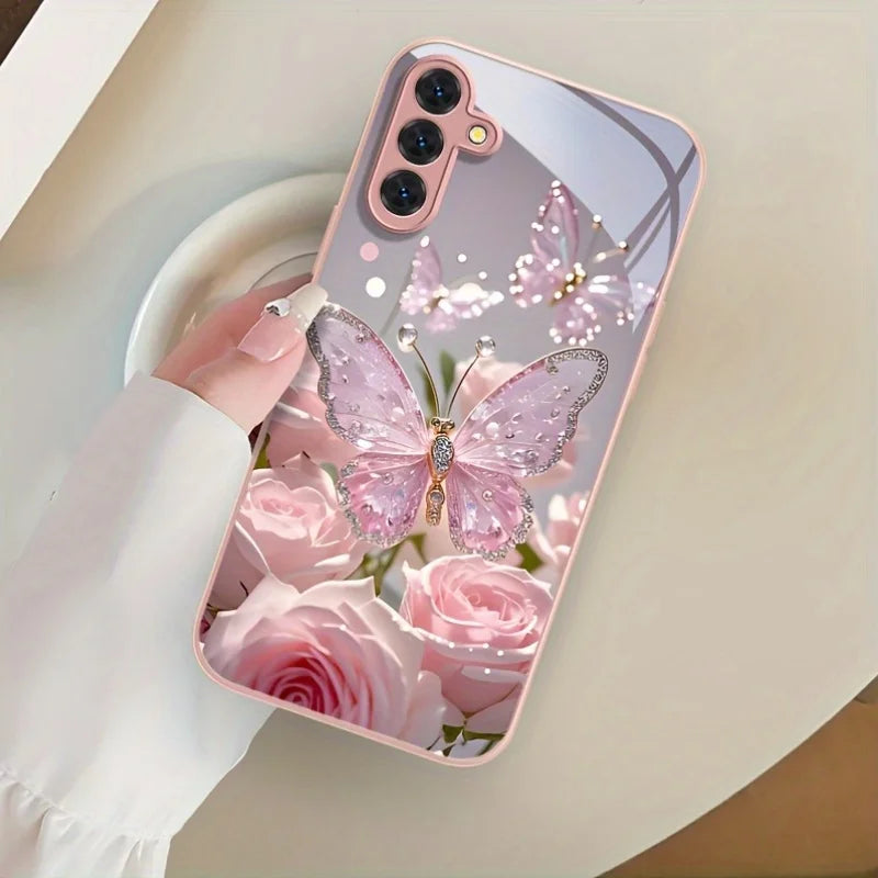 Hard Glass Flowers Case For Samsung S26 S25 Ultra S24 S23 Plus S21 FE S22 A57 A56 5G A55 A54 A36 A53 A52S A17 A34 A51 Case Cover