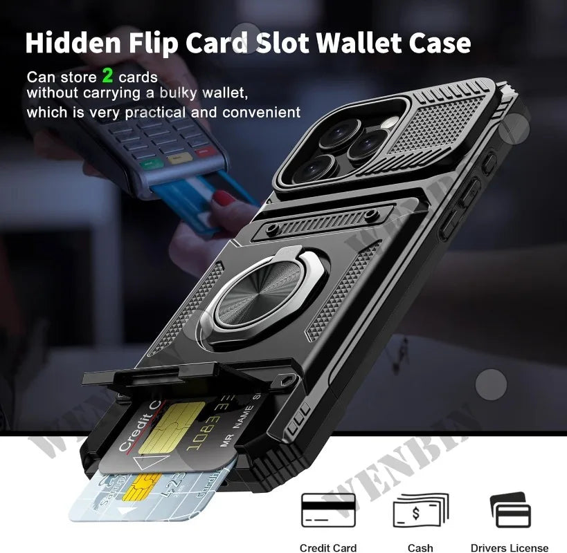 Case For iPhone 17 16 15 14 Pro Max 16 Plus Magnetic Rotated Ring Kickstand Heavy Duty Drop Protection Wallet Cover Funda Capa