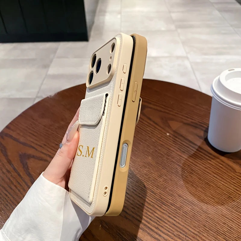 Custom Initials Name Letter Card Bag Leather Case For iPhone 17 16 15 14 13 12 11 Pro Max Air Card Slot Holder Shockproof Cover