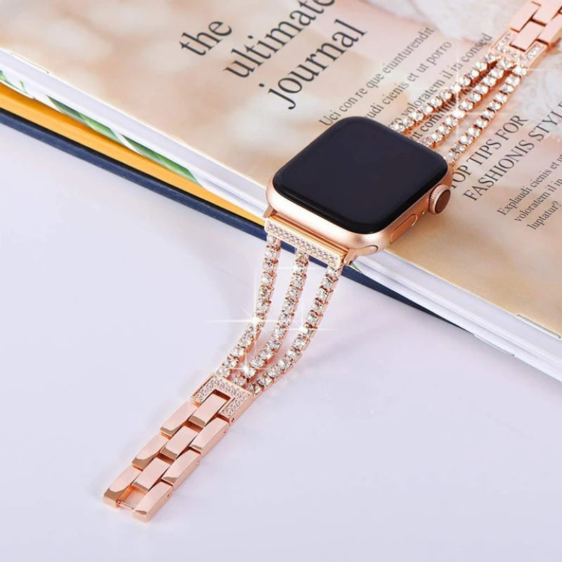 Metal Chain-styled Watch Strap for All Range of Apple Watch Series Diamond-encrusted Chain Stainless Steel Watch Band