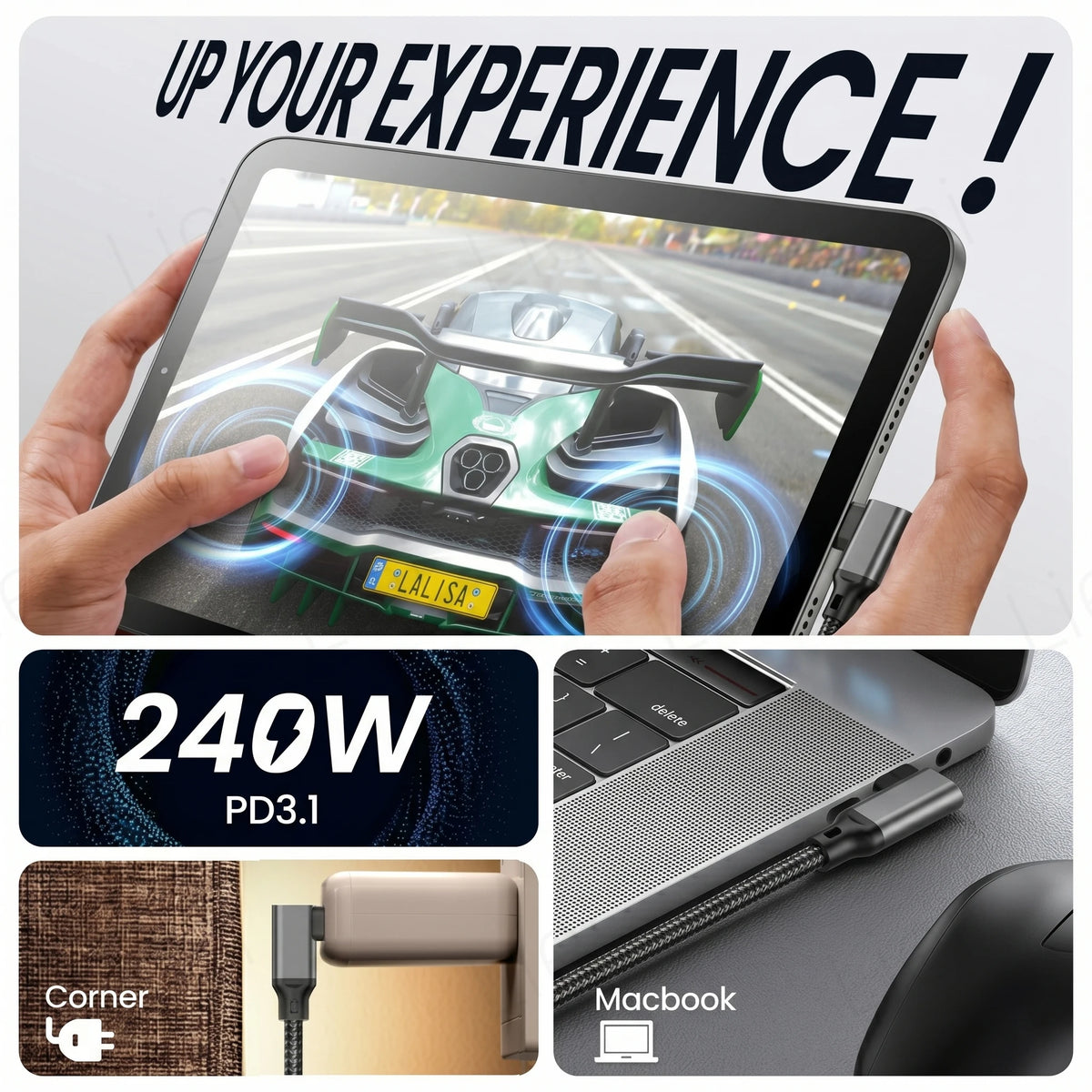 20Gbps 5K/4K Monitor Display Cable L-shaped USB Type C Data Cable Right Angle 90° USB3.2 Gen2x2 Data Transfer 240W PD Charging