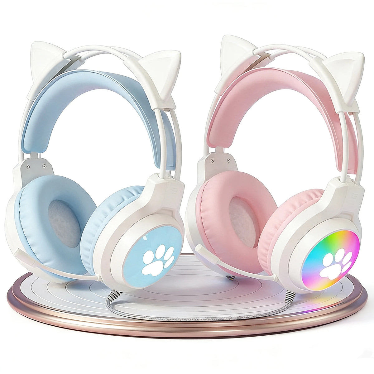 SOYTO Wired Cat Ear Headphones RGB LED Light Up Gaming Headset 3D Deep Bass Stereo Headphones with Mic for PC Laptop Girls