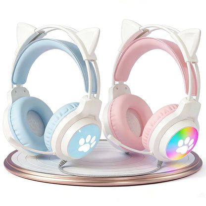 SOYTO Wired Cat Ear Headphones RGB LED Light Up Gaming Headset 3D Deep Bass Stereo Headphones with Mic for PC Laptop Girls