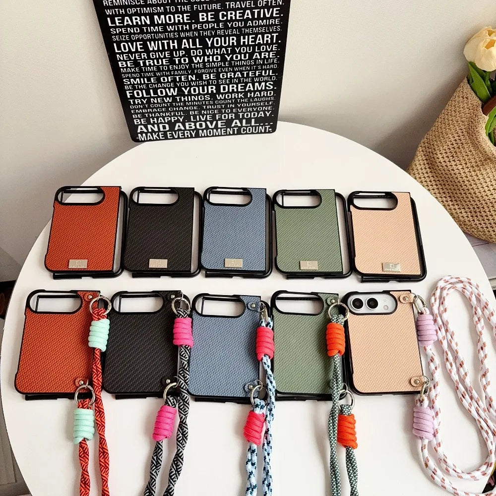 For iPhone Duo Fold Phone Case Crossbody Lanyard Solid Color Woven Case Shockproof Anti Scratch for iPhone Duo Protective Cover