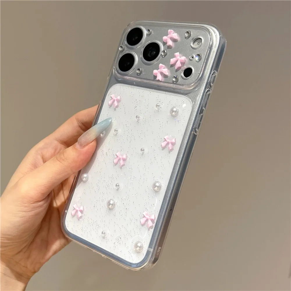 Cute 3D Pink Bowknot Pearl Glitter Clear Phone Case For iPhone 17 18 Pro Max 16 15 12 11 14 13 Lovely Shockroof TPU Soft Cover