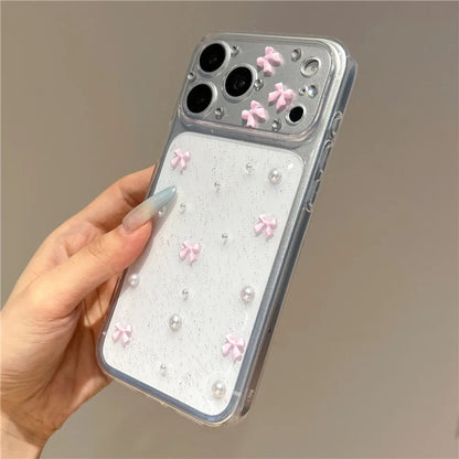 Cute 3D Pink Bowknot Pearl Glitter Clear Phone Case For iPhone 17 18 Pro Max 16 15 12 11 14 13 Lovely Shockroof TPU Soft Cover
