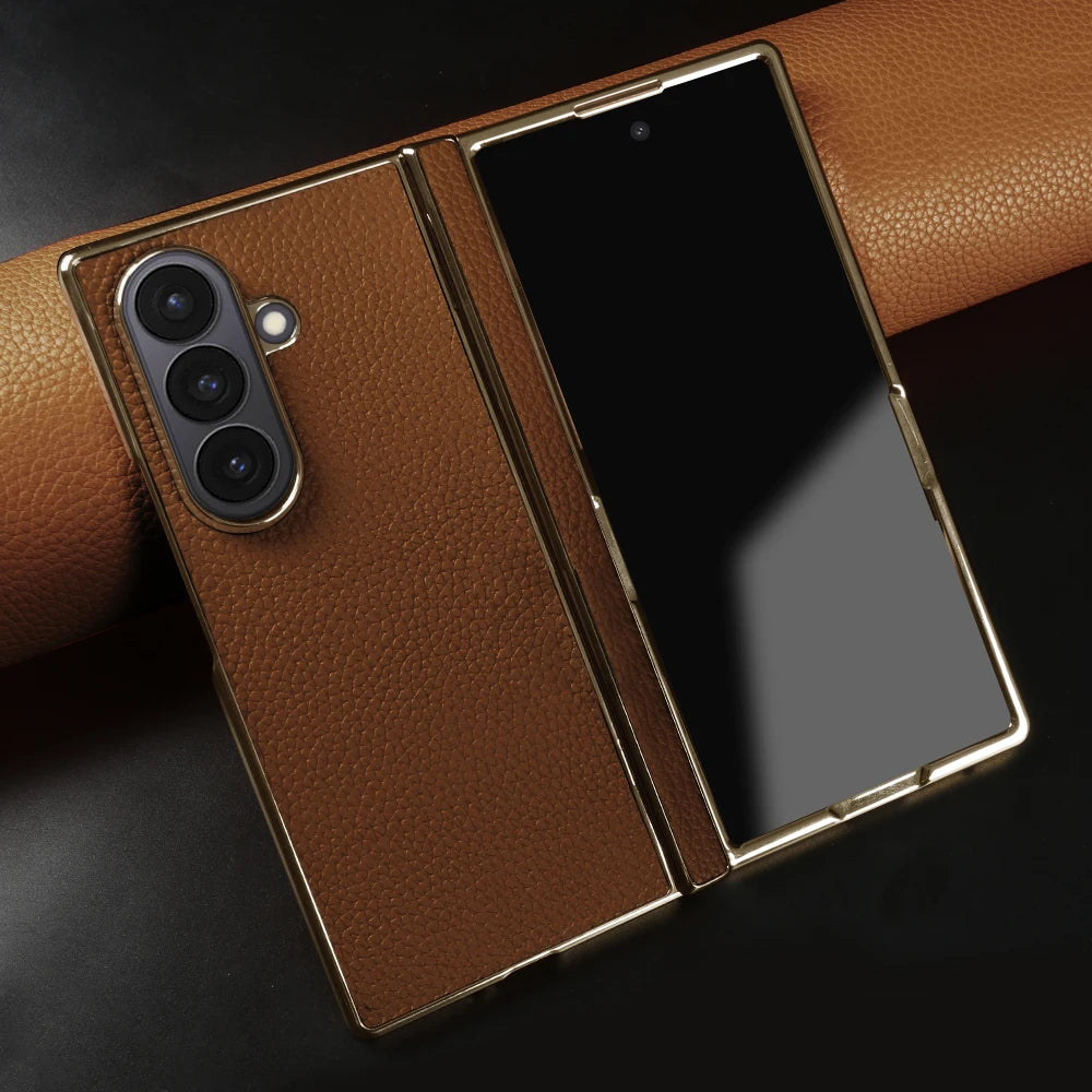 Lychee Genuine Leather Case For Samsung Galaxy Z Fold 8 6 5 4 Fold8 Ultra 8wide Fold7 Fold5 Fold6 Phone Cases Cover Funda Coque