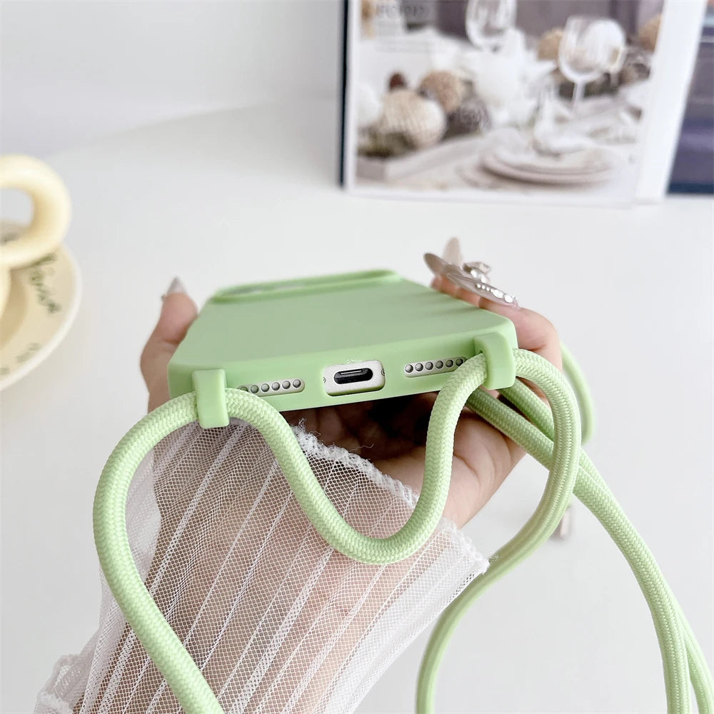 Crossbody Lanyard Cord Liquid Silicone Soft Phone Case for Apple IPhone 17 Air 16 15 14 Plus 13 Pro Max Matte Strap Candy Cover