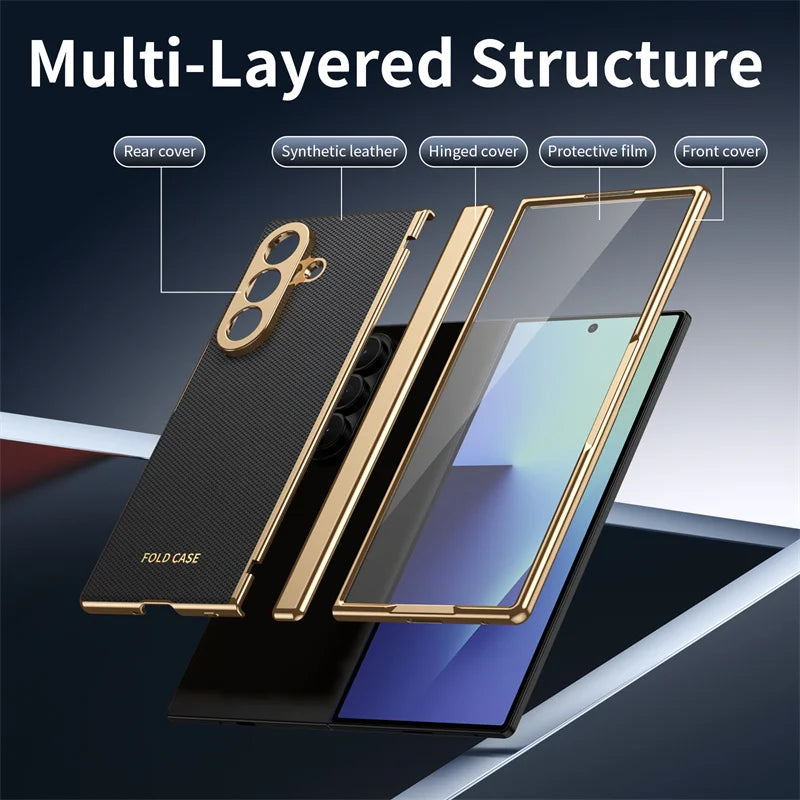 Leather Electroplated Frame Hinge Protect Case For Samsung Galaxy Z Fold 8Ultra 8 7 6 5 4 3 Screen Protect Film Shockproof Cover