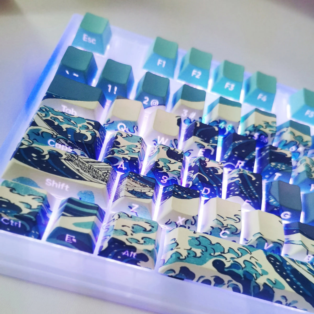 Kanagawa Themed Top/Side Printed RGB Backlit Keycaps 125 Keys Dye Sub PBT Keycaps Cherry Profile for Cherry MX Swtches Keyboard