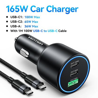 Vention 165W USB C Car Charger 3-Ports PD QC 4.0 45W For Samsung S25 iPhone 17 16 Macbook 100W Fast Charging Adapter With LED