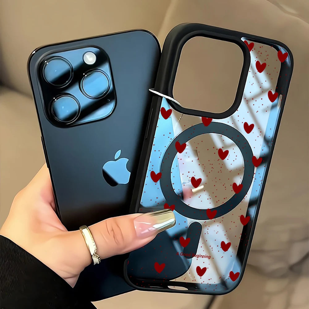 Simple Heart Polka Dot Clear Case For Magsafe iPhone 14 Pro Max 17 15 14 11 13 12 ProMax Plus Cases Wireless Charing TPU Fundas