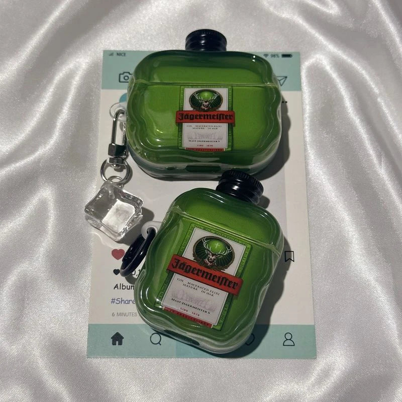 Green Wine Bottle Soft Protective Case For Airpods Pro 1/2/3/4 Pro 2 Cover Shockproof Earphones Case With Keychain Charging Box