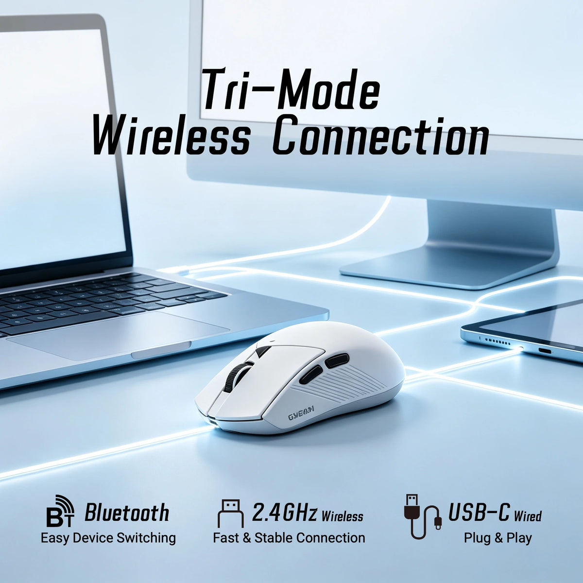 Wireless Mouse Rechargeable 3 Mode BT 2.4G Wired Lightweight 61g Gaming Mouse 12800 DPI 1000Hz Polling Rate Mouse for PC Laptop Office Gaming