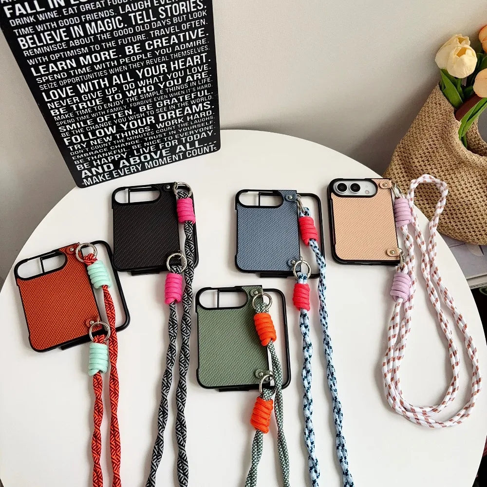 For iPhone Duo Fold Phone Case Crossbody Lanyard Solid Color Woven Case Shockproof Anti Scratch for iPhone Duo Protective Cover