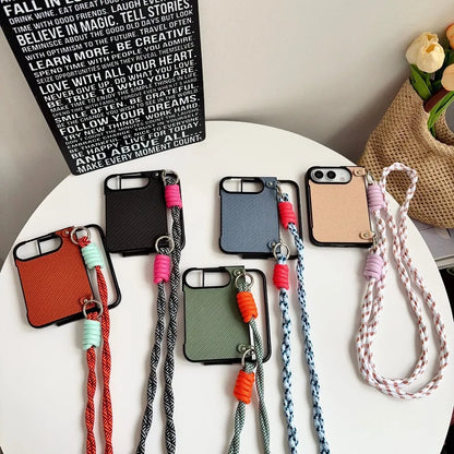 For iPhone Duo Fold Phone Case Crossbody Lanyard Solid Color Woven Case Shockproof Anti Scratch for iPhone Duo Protective Cover