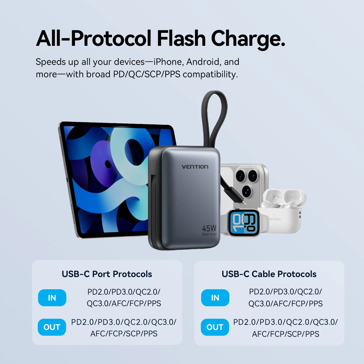 Vention 45W 10000mAh Power Bank Built-In USB-C Cable Portable Powerbank for iPhone 17 Samsung S26 Pocket-Sized Auxiliary Battery