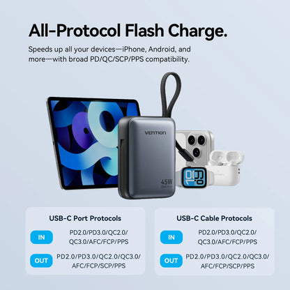 Vention 45W 10000mAh Power Bank Built-In USB-C Cable Portable Powerbank for iPhone 17 Samsung S26 Pocket-Sized Auxiliary Battery