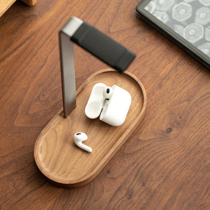 Wooden Base Aluminum Headphone Stand with Storage Tray, Desktop Headset Holder for Gaming Headphones, Desk Organizer Accessories