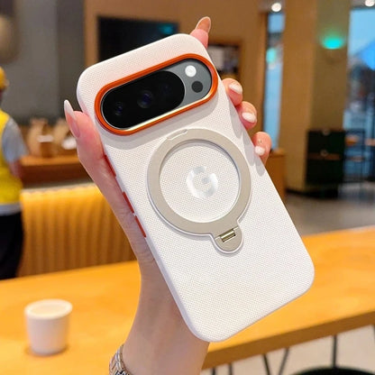 Busines Texture Woven Leather Magnetic Rotable Bracket Case For Google Pixel 10 Pro 10 Pro XL Alloy Button Lens Frame Back Cover