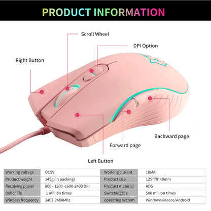 Lenovo Wired USB Gaming MouseGaming Mouse Purple Cat Mouse USB Mouse Ergonomic Mouse Braided Cable Gold-Plated USB Connector