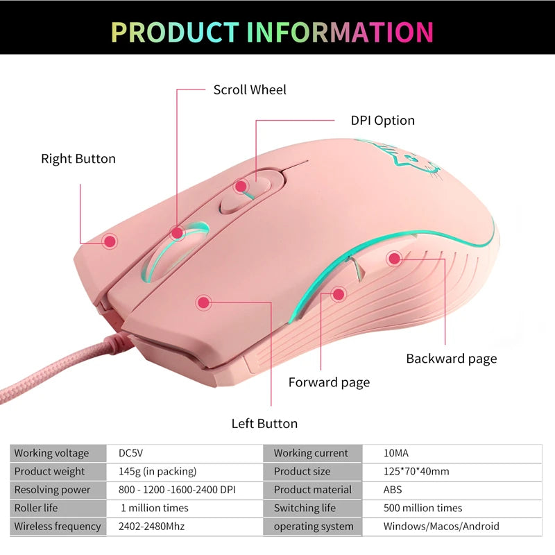 Lenovo Wired USB Gaming MouseGaming Mouse Purple Cat Mouse USB Mouse Ergonomic Mouse Braided Cable Gold-Plated USB Connector