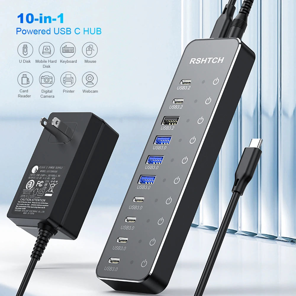 RSHTECH 10 in 1 USB C Hub 10Gbps USB-C with Individual Touch Switches Multiport Splitter Docking Station for MacBook Laptops PC