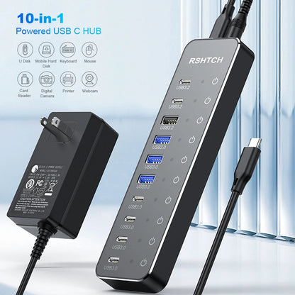 RSHTECH 10 in 1 USB C Hub 10Gbps USB-C with Individual Touch Switches Multiport Splitter Docking Station for MacBook Laptops PC