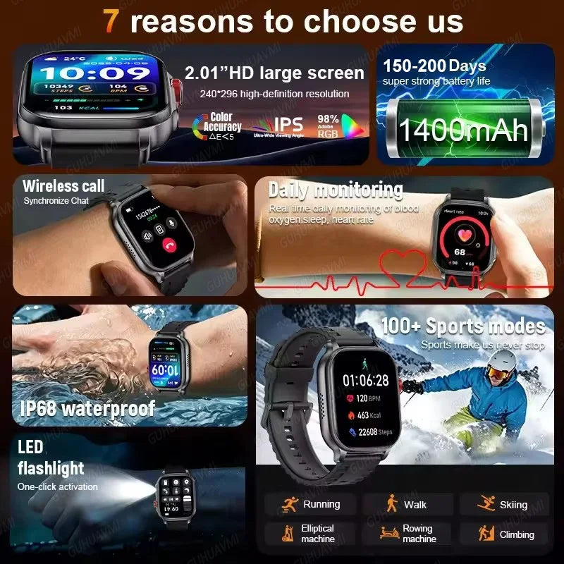 1400mAh Military Grade Smart Watch 200 Days Battery Life 5ATM Waterproof Bluetooth Call Alert LED Flashlight Sports Watches Men