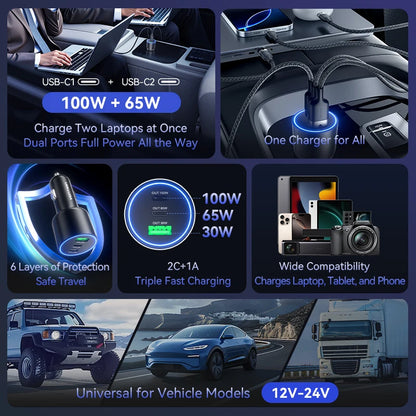 Vention 165W USB C Car Charger 3-Ports PD QC 4.0 45W For Samsung S25 iPhone 17 16 Macbook 100W Fast Charging Adapter With LED