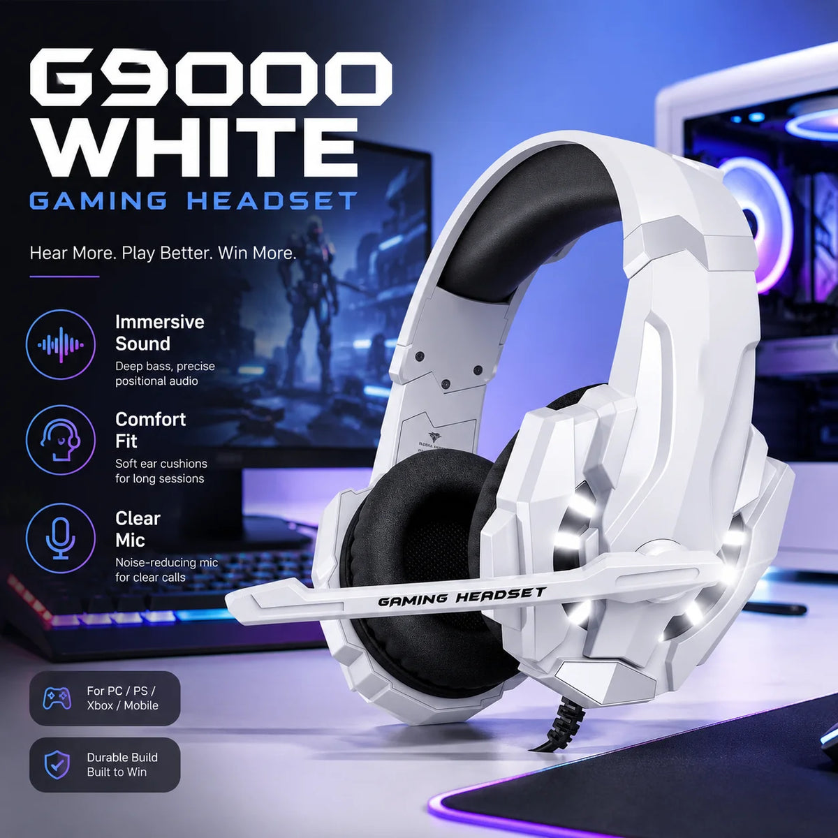 Gaming Headset G9000 Wired Over Ear Headphones White RGB LED with Mic Stereo Bass for PC PS4 PS5 Xbox Switch Gaming