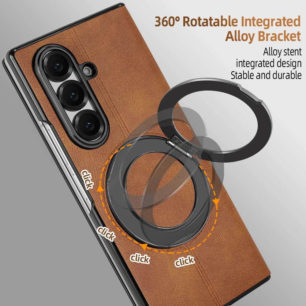 Magnetic Plain PU Leather Flip Phone Case With 360° Rotatable Ring Kickstand Holder for Samsung For Galaxy Z Fold 8 Ultra 7/6