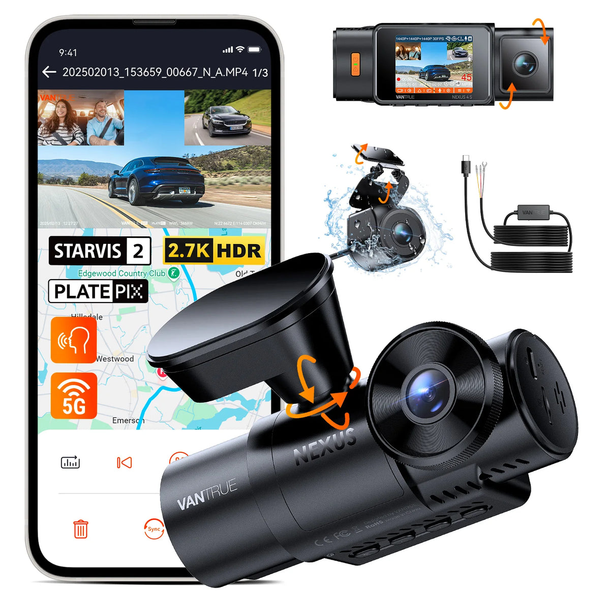 Vantrue N4S DashCam 3 Channel WiFi STARVIS 2 2.7K+1440P+1440 Waterproof Rear Camera HDR IR Night Vision GPS 24h Packing Mode