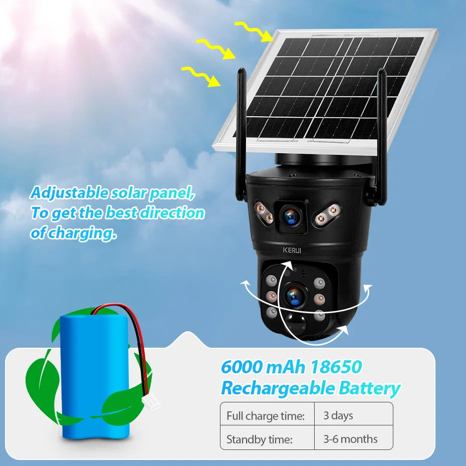 KERUI Outdoor Waterproof 6MP 4G SIM WIFI Solar Camera Dual Lens Camera Solar Panel Home Security CCTV Video Surveillance V380pro