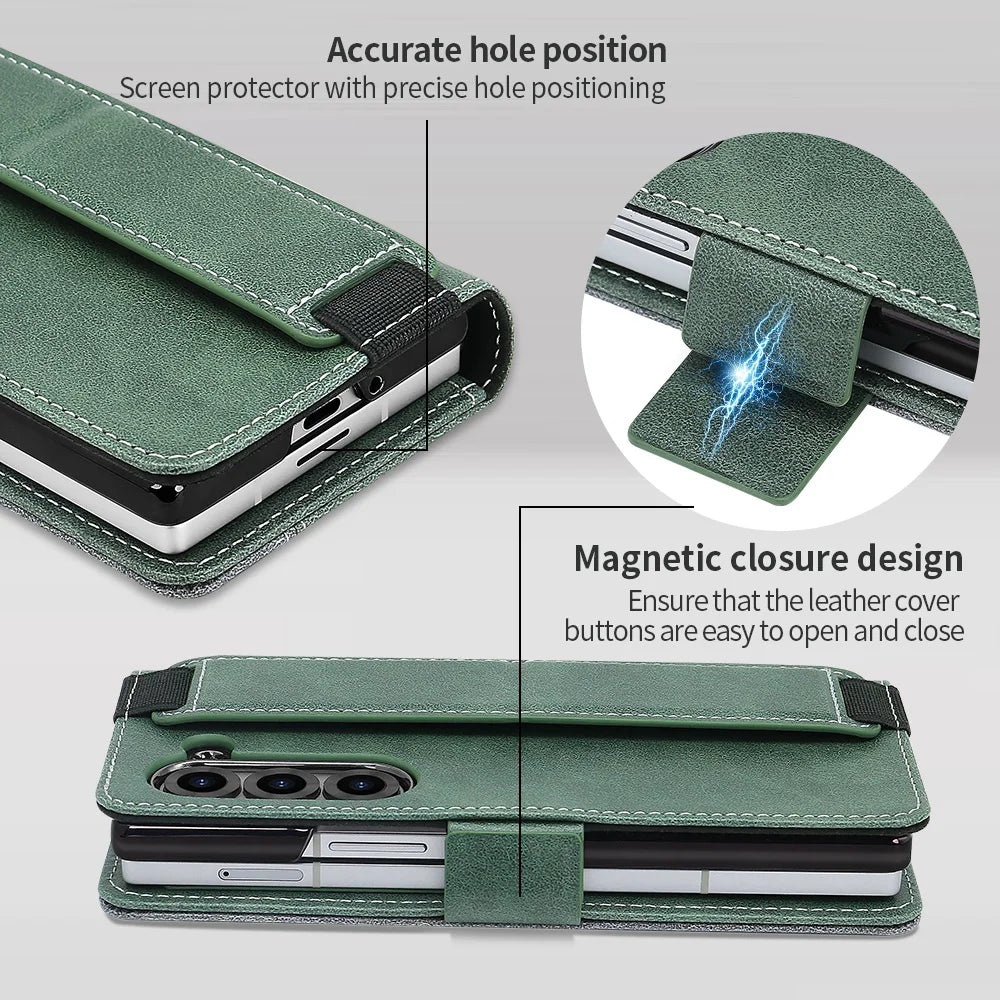 PU Leather Flip Wallet Phone Case for Galaxy Z Fold 8 Ultra Z Fold 8/7/6/5 with RFID Blocking, Adjustable Wristband Kickstand