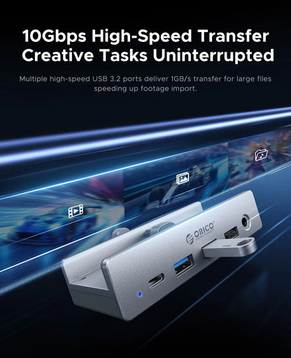 ORICO Aluminum 8 in 1 USB Clip Hub Support External Power Supply for High Speed 10GBPS Data Transmission on MAC OS PC
