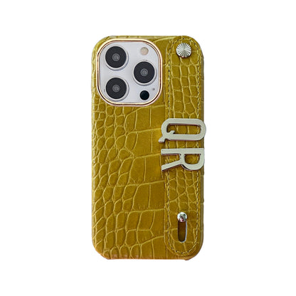 Holding Strap Personalised Custom Name Gold Metal Letters Leather Phone Case For Iphone 14 13 12 17 Pro Max 16promax Cover