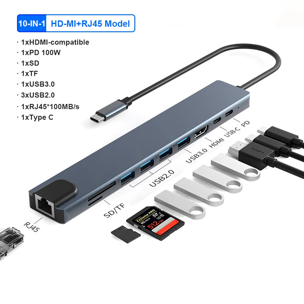 4K 30Hz USB C Docking Station Type C to HDMI-compatible VGA RJ45 Adapter USB 3.0 HUB Splitter For Laptop Macbook Air M1 iPad Pro