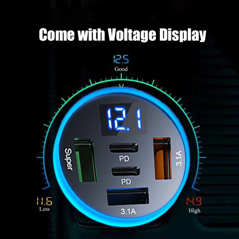 5 in 1 USB Car Phone Charger Adapter with Voltage Display Dual PD Port Super Fast Charge for iPhone Samsung Huawei OPPO