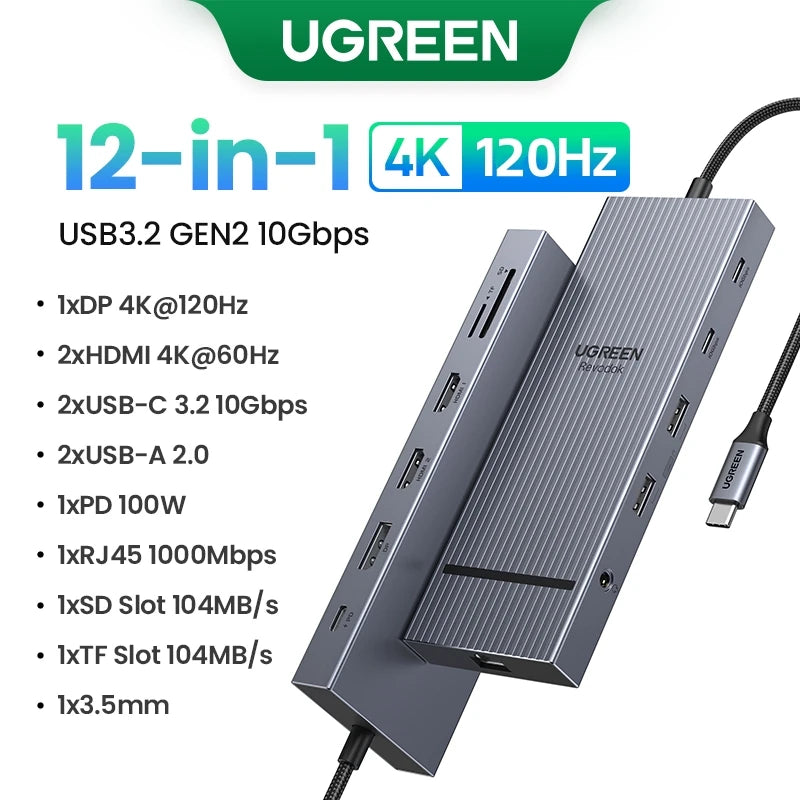UGREEN 12-in-1 USB HUB Type-C to 2HDMI 4K120Hz DP USB3.2 10Gbps SD/TF RJ45 PD100W for Windows Dell HP Laptop Accessories Docking