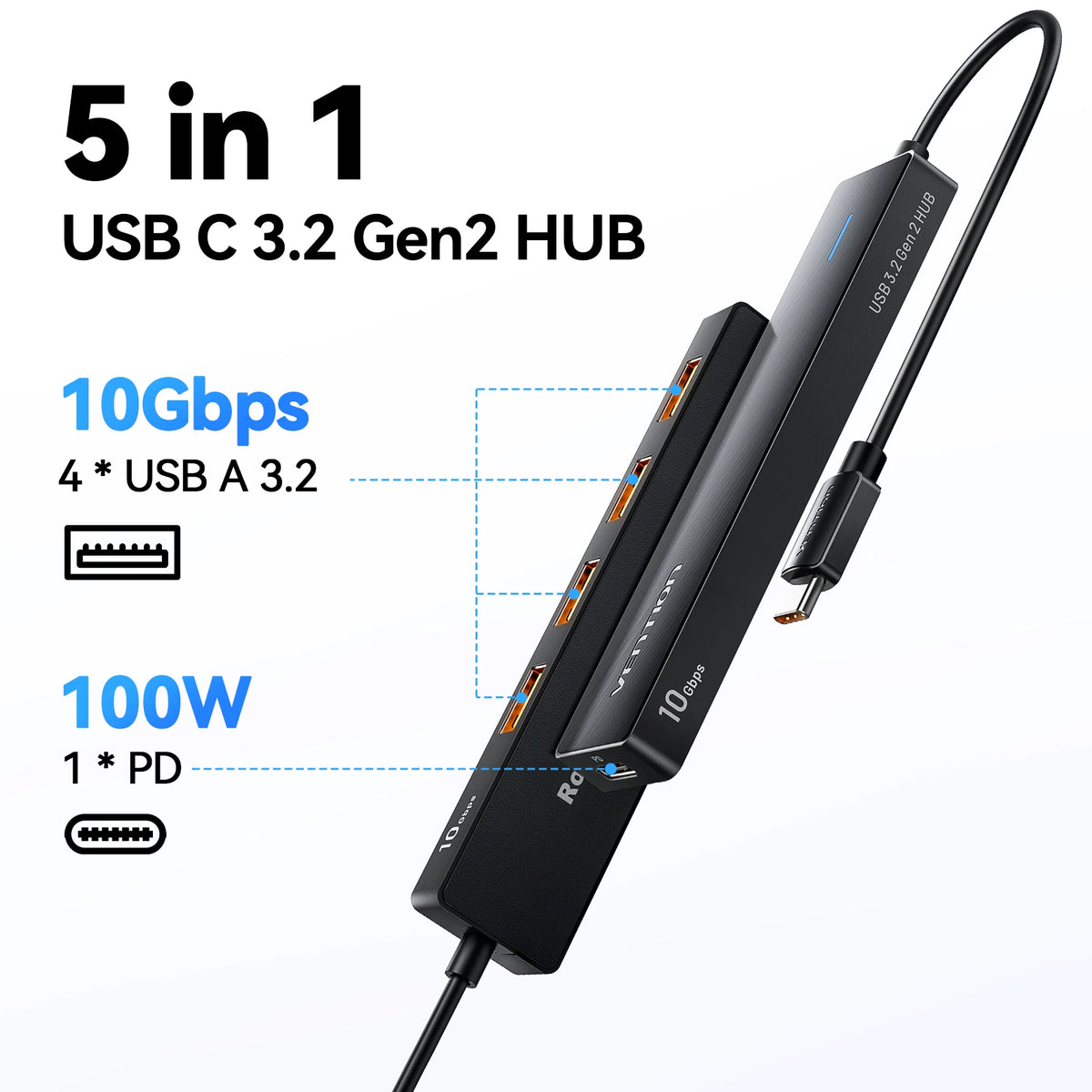 Vention New USB 3.2 Gen2 HUB 10Gbps PD100W Charging USB A Type C 5 Ports Splitter Multiport Adapter for Macbook Pro Air Laptop