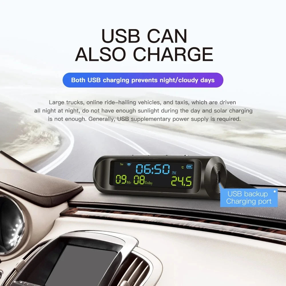 Car USB Solar Charge Smart Digital Clock Calendar Time Temperature LED Display Automobile Interior Accessories Auto Start