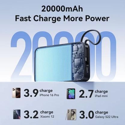 Vention Power Bank 20000mAh Portable PD 65W Fast Charging Built-in Type-C Cable External Battery Powerbank For iPhone 17 Laptop