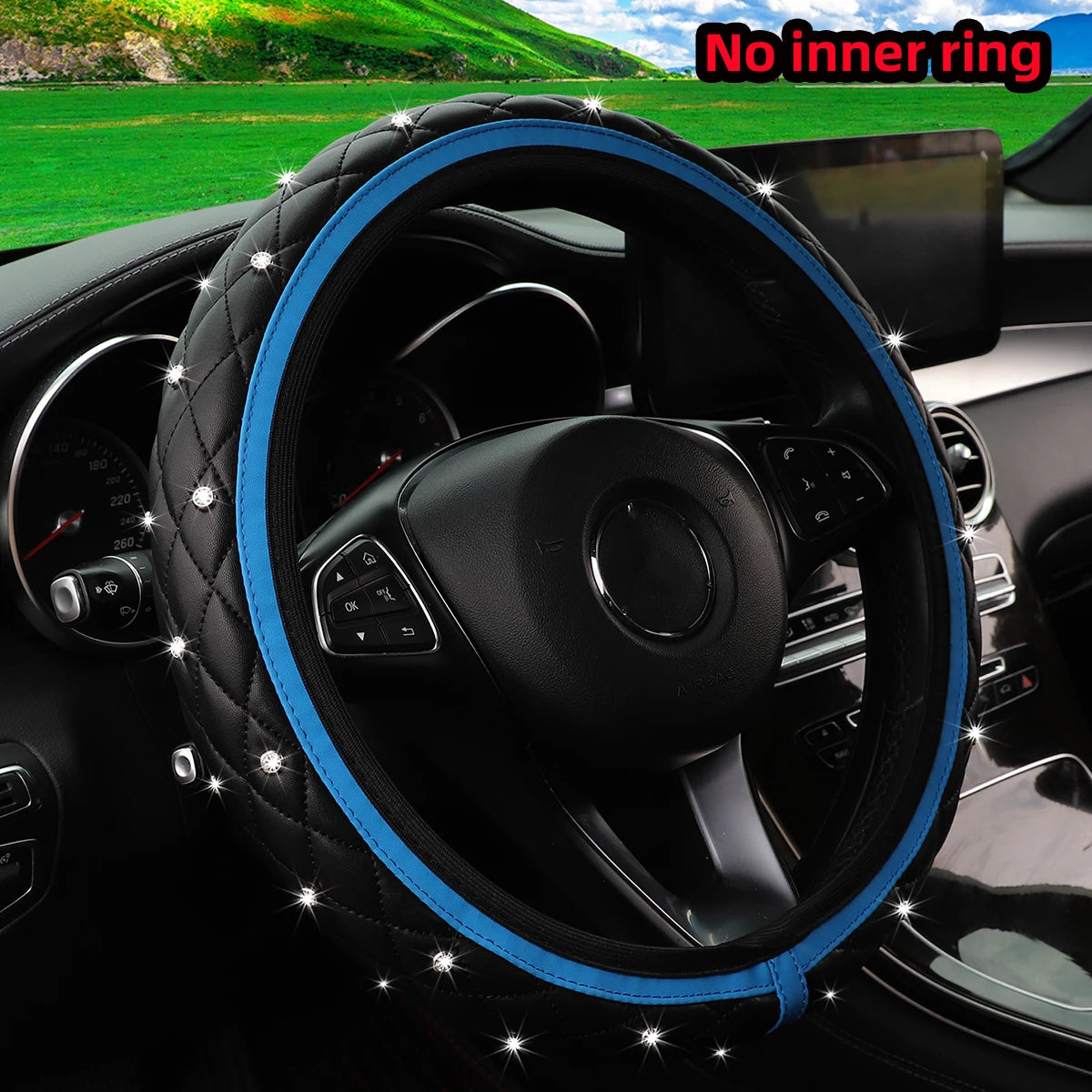 1 PU leather embroidered stereo diamond-encrusted Blingbling car steering wheel cover for 14.5-15 inch automotive supplies