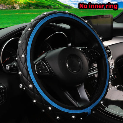 1 PU leather embroidered stereo diamond-encrusted Blingbling car steering wheel cover for 14.5-15 inch automotive supplies