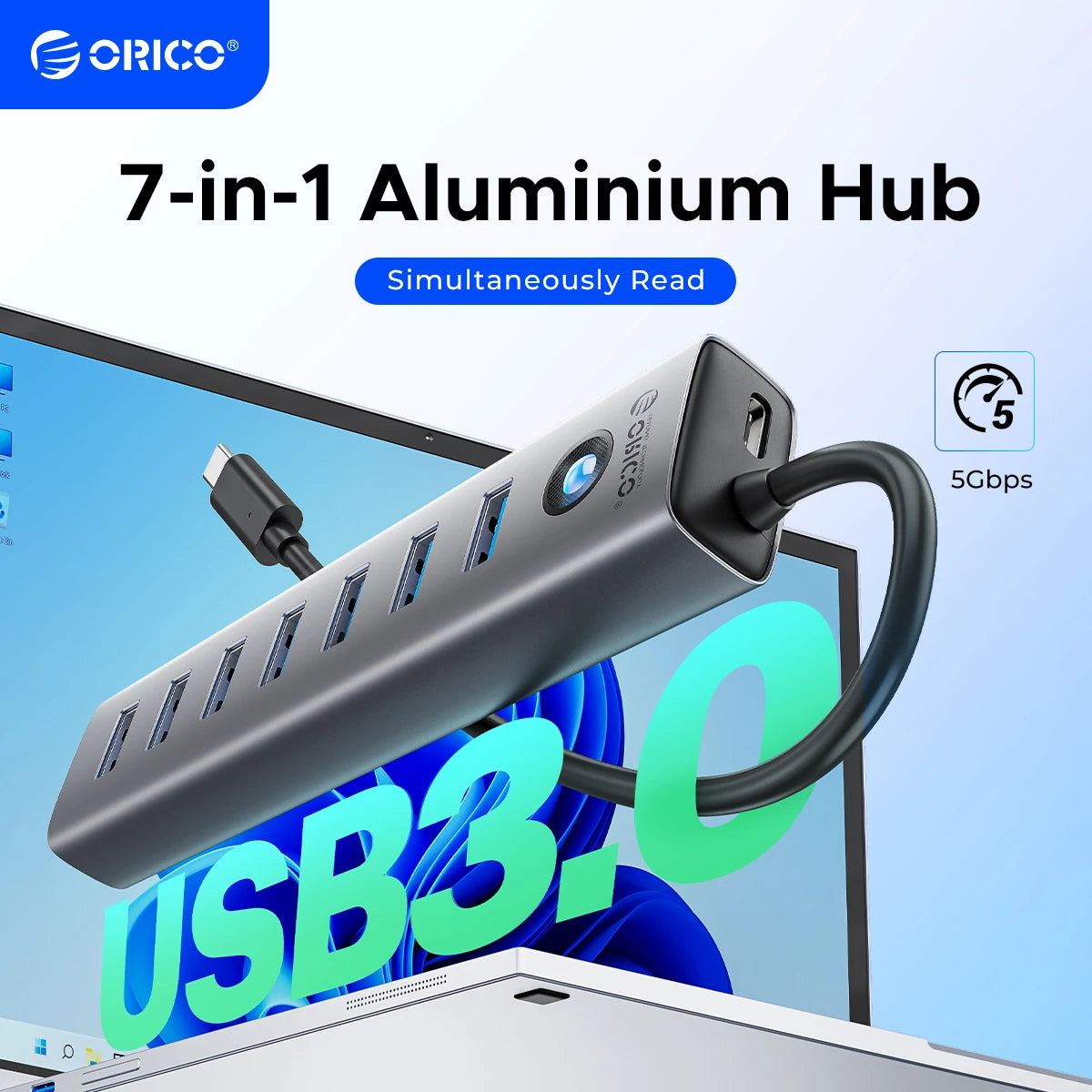 ORICO Aluminum Type C USB 3.0 HUB 7 Port Multi Splitter for Computer Accessories High Speed Data Transfer