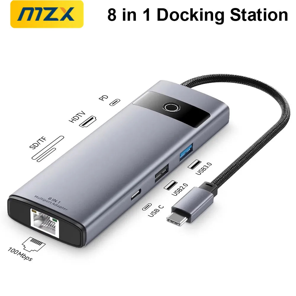 MZX 8 in 1 USB C Docking Station Aluminum Alloy 3.0 2.0 4K HDMI-Compatible PD100W Multiport Type 3 0 Adapter RJ45 100M Dock Hubs
