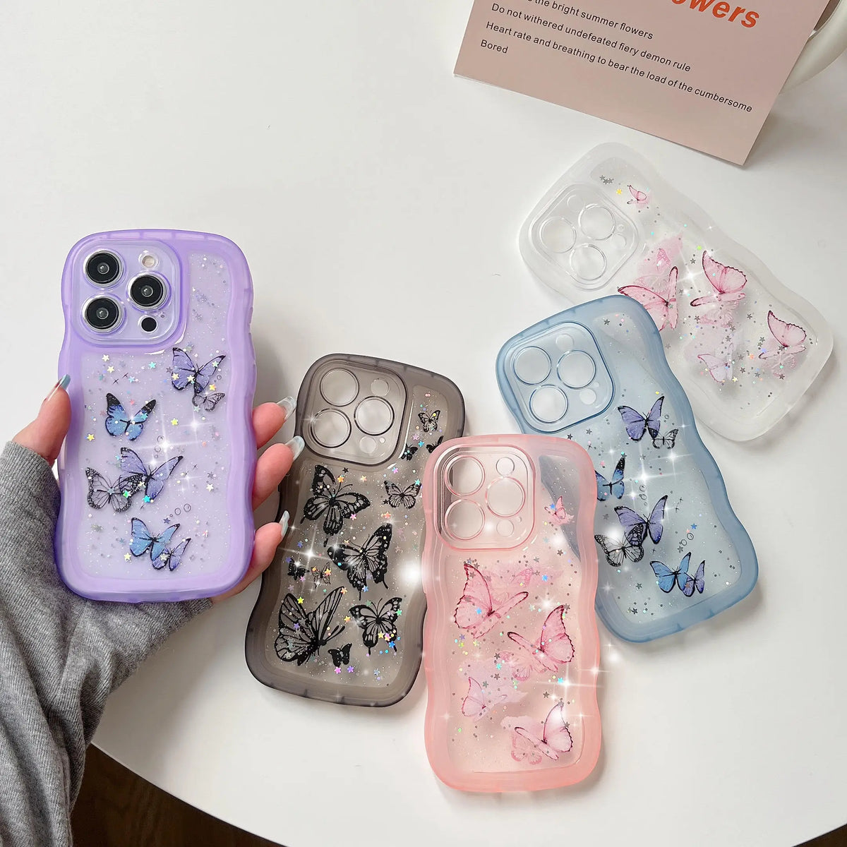 Luxury Glitter Starry Sky Butterfly Resin Irregular Wavy Edge Phone Case for iPhone 11 12 13 14 15 16 17 Pro Max + Plus