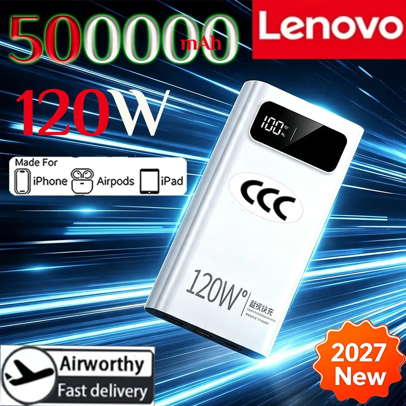 Lenovo CCC 500000mAh 120W Power Bank For Xiaomi Large Capacity Super Fast Charging Battery Digital Display Power Bank For iPhone